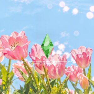 Logo vert Étheris parmi des tulipes roses, jeu Les Sims 4.