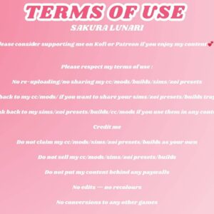 Conditions d'utilisation pour les créations Sims 4 par Sakura Lunari