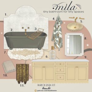 Salle de bain miniature pour *Les Sims 4* en 2026, style élégant et décorations.