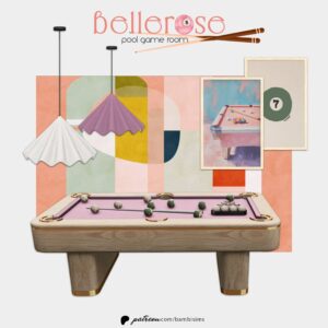 Table de billard rose pour salon de jeu dans *Les Sims 4*, style rétro coloré.