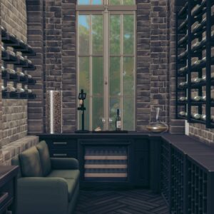 Salle à manger rustique des Sims 4 avec bar et étagères à vin