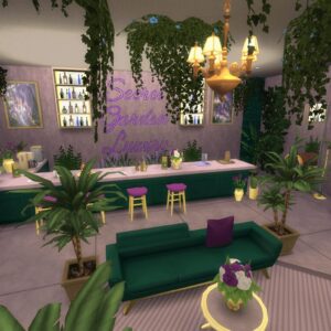 Salon luxueux du jeu *Les Sims 4* avec plantes et décoration élégante