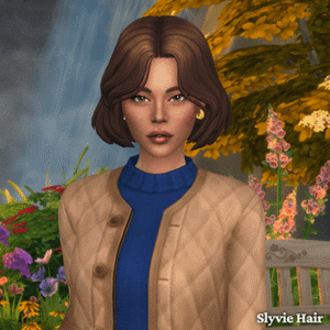 Jeune femme dans Sims 4 avec coupe Slyvie, veste beige et col bleu