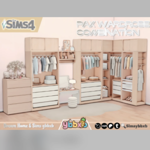 Armoire de combinaison Pax Wardrobe pour Sims 4, meublé et organisé.