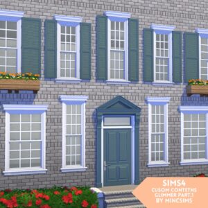 Maison Sims 4 avec porte bleue et fenêtres à volets, contenu personnalisé.
