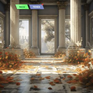 Accueil des Sims 4 : salle élégante avec pétales, colonnes et options de jeu.
