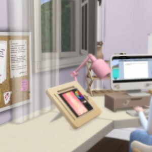 Bureau de jeu *Les Sims 4* avec écrans et organisation visuelle
