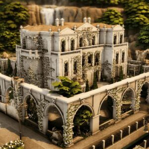 Modèle architectural gothique du jeu *Les Sims 4* avec cimetière et cascades