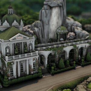 Maison élégante du jeu *Les Sims 4* avec jardin et montagnes en arrière-plan