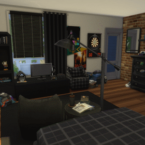 Salle de jeu *Les Sims 4* avec bureau, livres et décor rétro