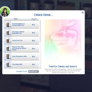 Menu boissons ThrifTea dans *Les Sims 4* avec prix et fonds disponibles