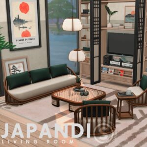 Salle de séjour Japandi dans The Sims 4, style moderne minimaliste