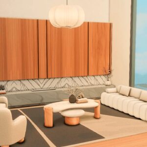 Salon moderne du jeu Les Sims 4 avec vue panoramique