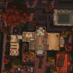Vue aérienne d'un quartier dans *Les Sims 4* avec maisons et parc.