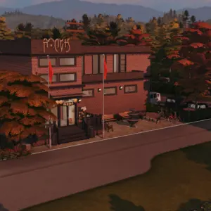 Café 'Le Rêve' dans un quartier du jeu Sims 4, automne