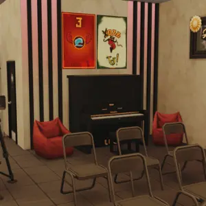 Salle de jeu rétro style années 50 dans *Les Sims 4* avec piano et décor vintage.
