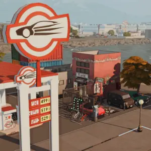 Station-service rétro dans *Les Sims 4* près d'un port