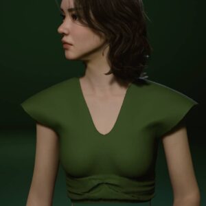 Personnage féminin dans Sims 4, robe verte à épaules rembourrées