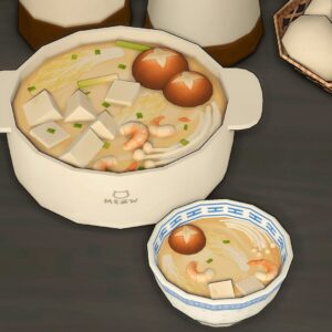 Assiette et bol de soupe dans *Les Sims 4*, avec légumes et œufs.
