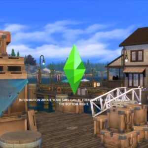 Scène de jeu dans *Les Sims 4* : quai festif avec maison et entrepôts.