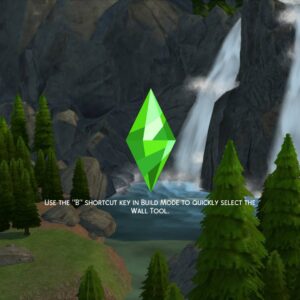 Logo vert du mode construction dans *Les Sims 4* près d'une cascade.