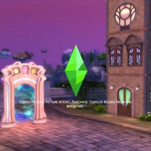 Porte magique dans *Les Sims 4* : Achetez des livres pour tout-petits au présentoir.