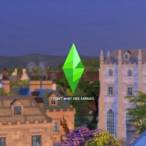 Logo vert Étheréum dans ville médiévale, jeu *Les Sims 4* : 'Je ne veux pas d’écouteurs gratuits'