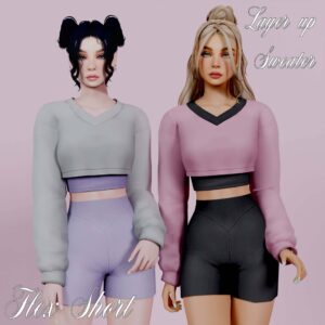 Deux avatars Sims 4 en tenue sweat et short croisé, style layering