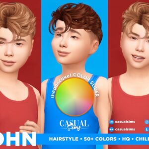 Coiffure 'John' pour *Les Sims 4* avec 50+ couleurs, slider de teinte.