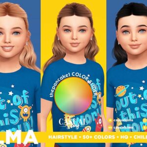 Trois avatars Sims 4 avec t-shirts colorés et coiffures différentes, jeu vidéo Alma.