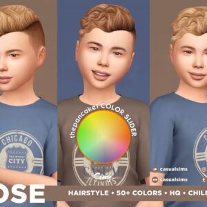 Coiffures de José pour *Les Sims 4* enfants, 50+ couleurs disponibles.