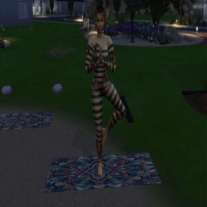 Personnage des Sims 4 en tenue de yoga sur tapis