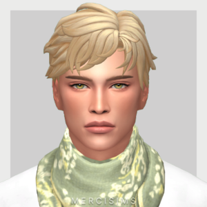 Avatar masculin aux cheveux blonds dans *Les Sims 4* avec écharpe