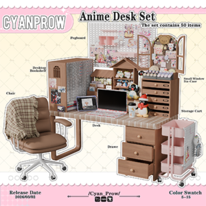 Ensemble de bureau anime pour *Les Sims 4* avec 50 éléments.