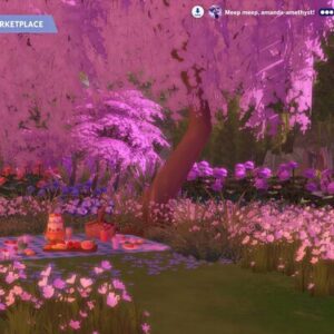 Scène magique du marché aux fleurs dans *Les Sims 4* avec décor lumineux.