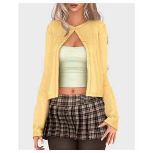Personnage Sims 4 en cardigan jaune, haut vert et jupe plaid