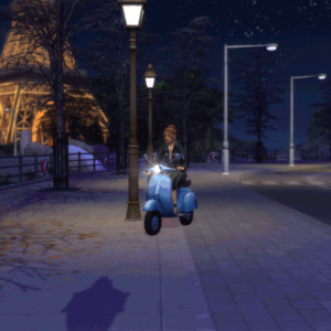 Jeune femme sur scooter bleu dans *Les Sims 4*, nuit en ville