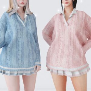 Vêtements style pull oversize et jupe plissée pour Sims 4, bleu et rose
