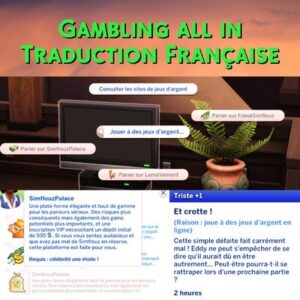 Affiche jeux d'argent Sims 4 traduction française avec captures d'écran.