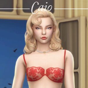 Personnage féminin Sims 4 en bikini rouge floral, coiffure bouclée