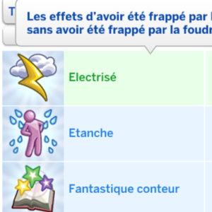 Effets Sims 4 : foudre, pluie, objet fantastique avec descriptions.