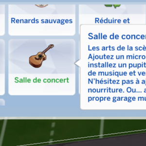 Salle de concert dans *Les Sims 4* avec guitare et conseils d’aménagement musical.