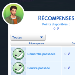 Interface récompenses Sims 4 : 0 points disponibles, récompenses déverrouillables