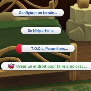 Menu options: terrain, téléportation, outils et création dans *Les Sims 4*