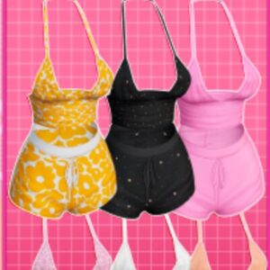 Ensemble de maillots de bain stylisés pour *Les Sims 4* : jaune floral, noir et rose