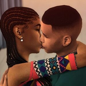 Couple du jeu Les Sims 4 s'embrassant tendrement