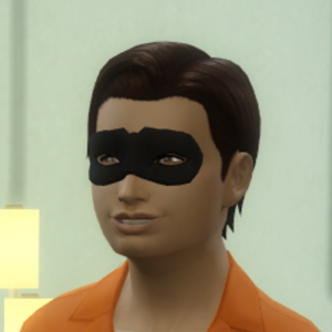Personnage des Sims 4 avec masque noir et veste orange