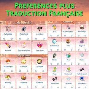 Sélection préférences traduction française pour *Les Sims 4*: centres d'intérêt, endroits, nourriture.