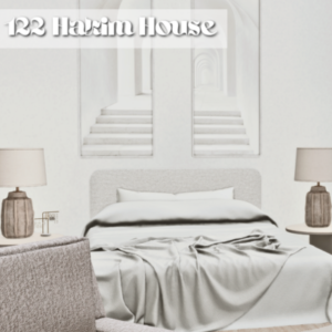 Chambre minimaliste du jeu Les Sims 4 avec lit et lampes