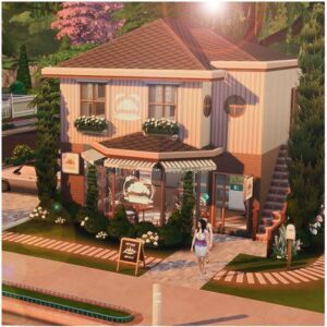 Maison à café du jeu Les Sims 4 avec terrasse et décor floral